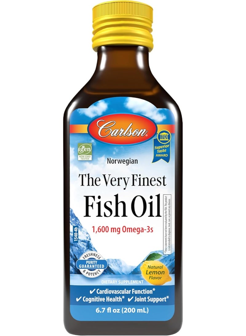 Carlson - The Very Finest Fish Oil, 1600 mg Omega-3s, Liquid Fish Oil Supplement, Norwegian Fish Oil, Wild-Caught, Lemon 200ml - Image 1
